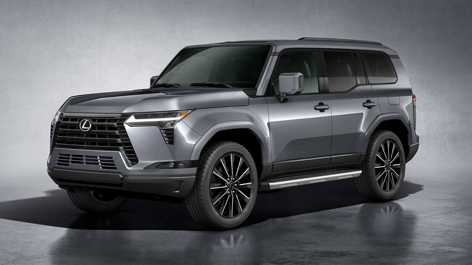 Front side view of a dark grey Lexus GX