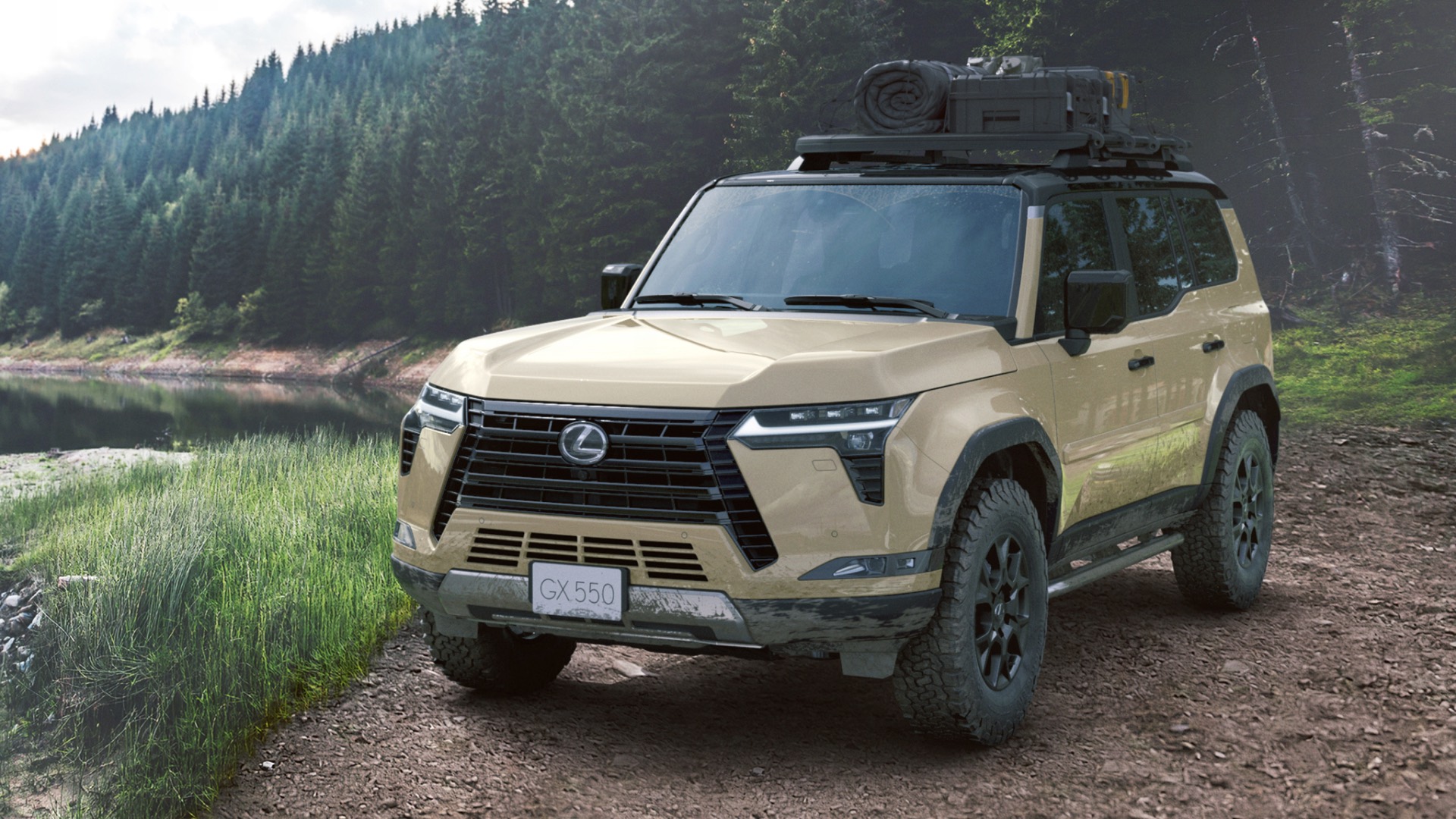 Front of view of the Lexus GX parked beside a body of water in a forest. It's muddy and has camping gear on the roof racks.