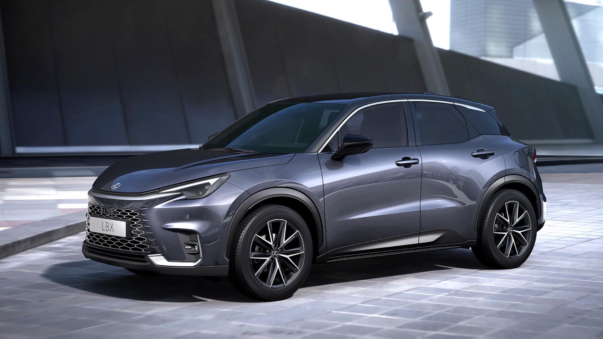 LBX prototype is parked on a greyscale path.