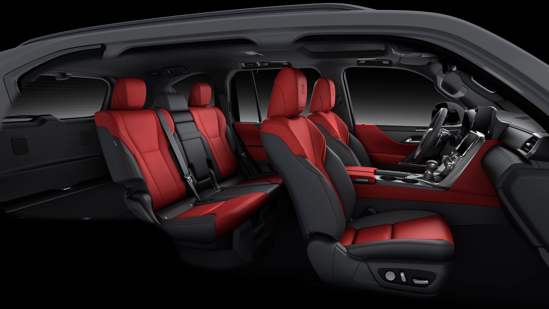 LX F Sport interior - red flare, 5 seat option.