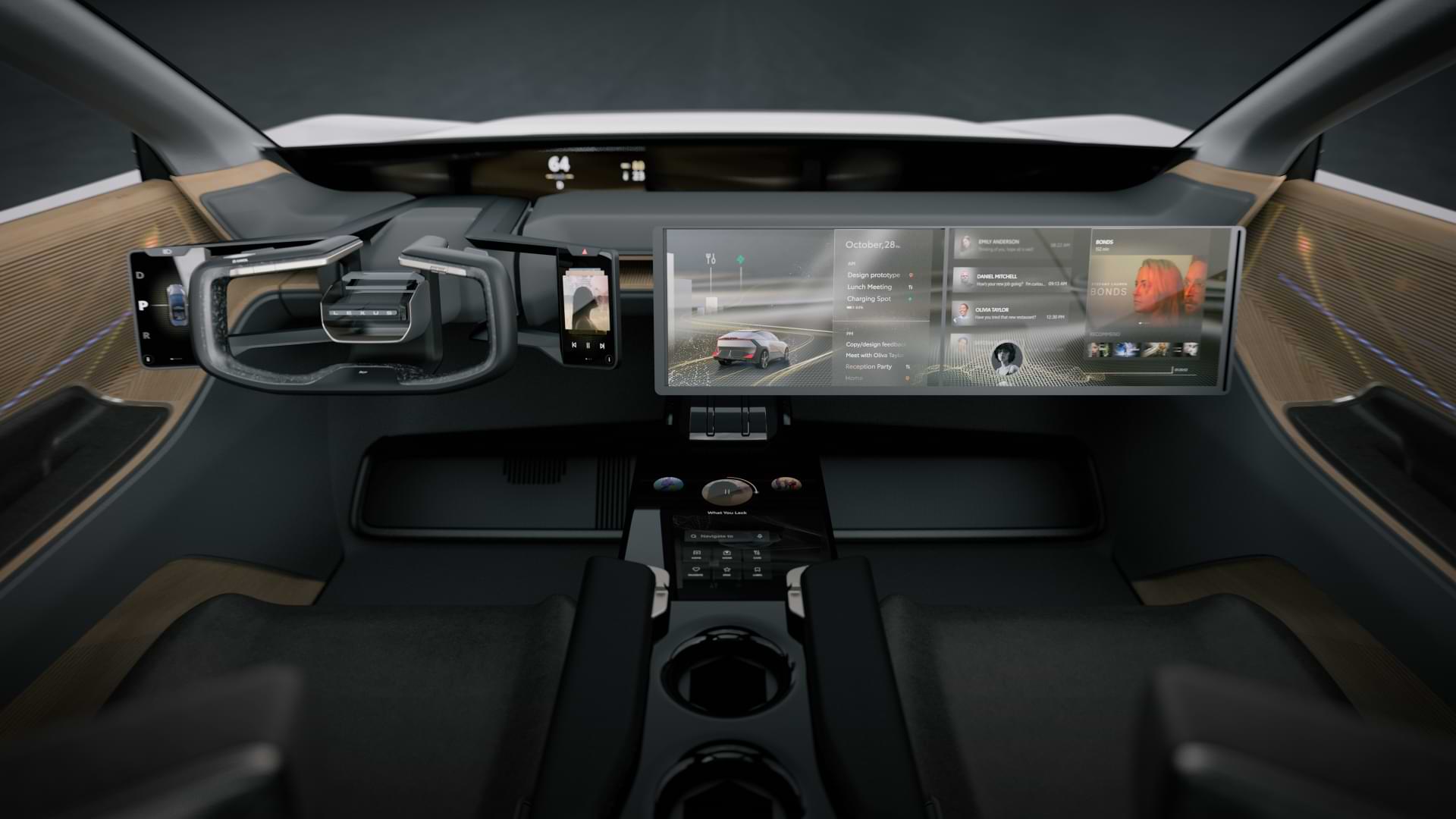 Interior of a car showing the steering wheel, the display dashboard among others.