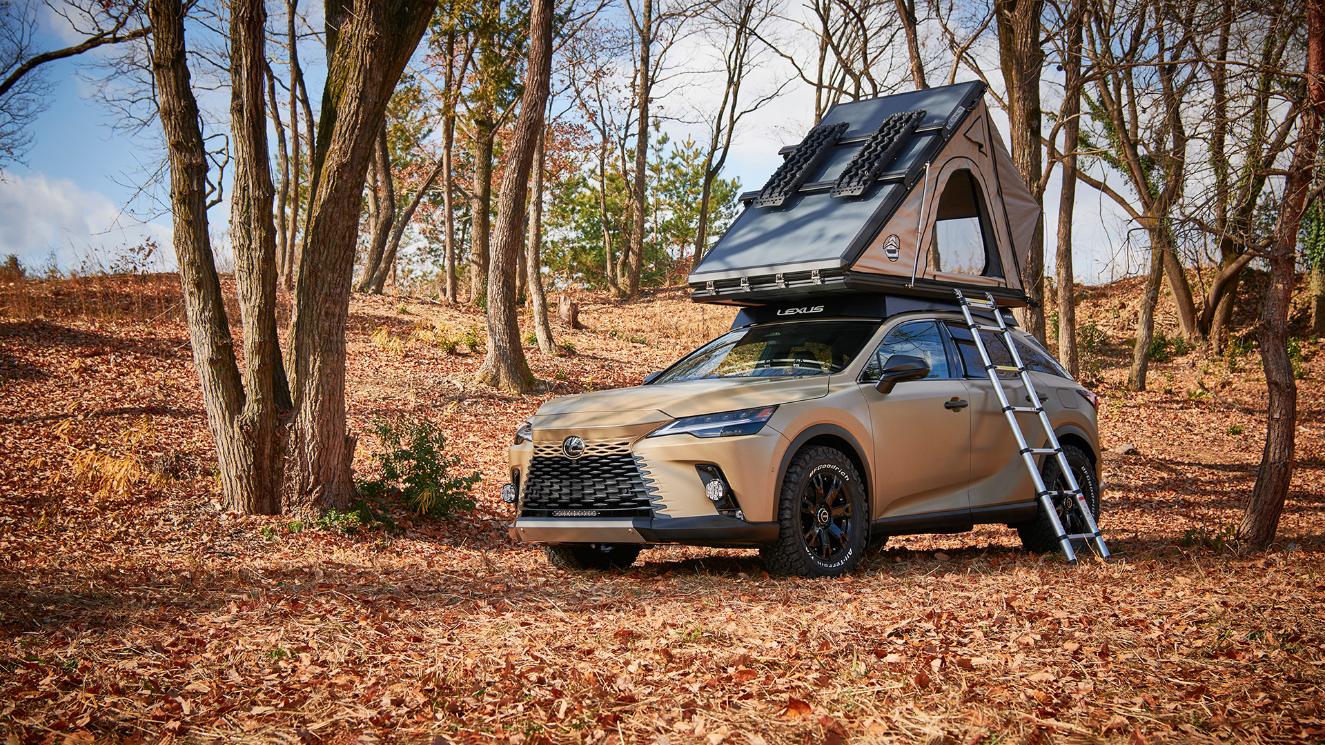A special 'Hakugin' coloured Lexus RZ Outdoor Concept is shwon with a roof tent installed and open, parked in a foresty area.