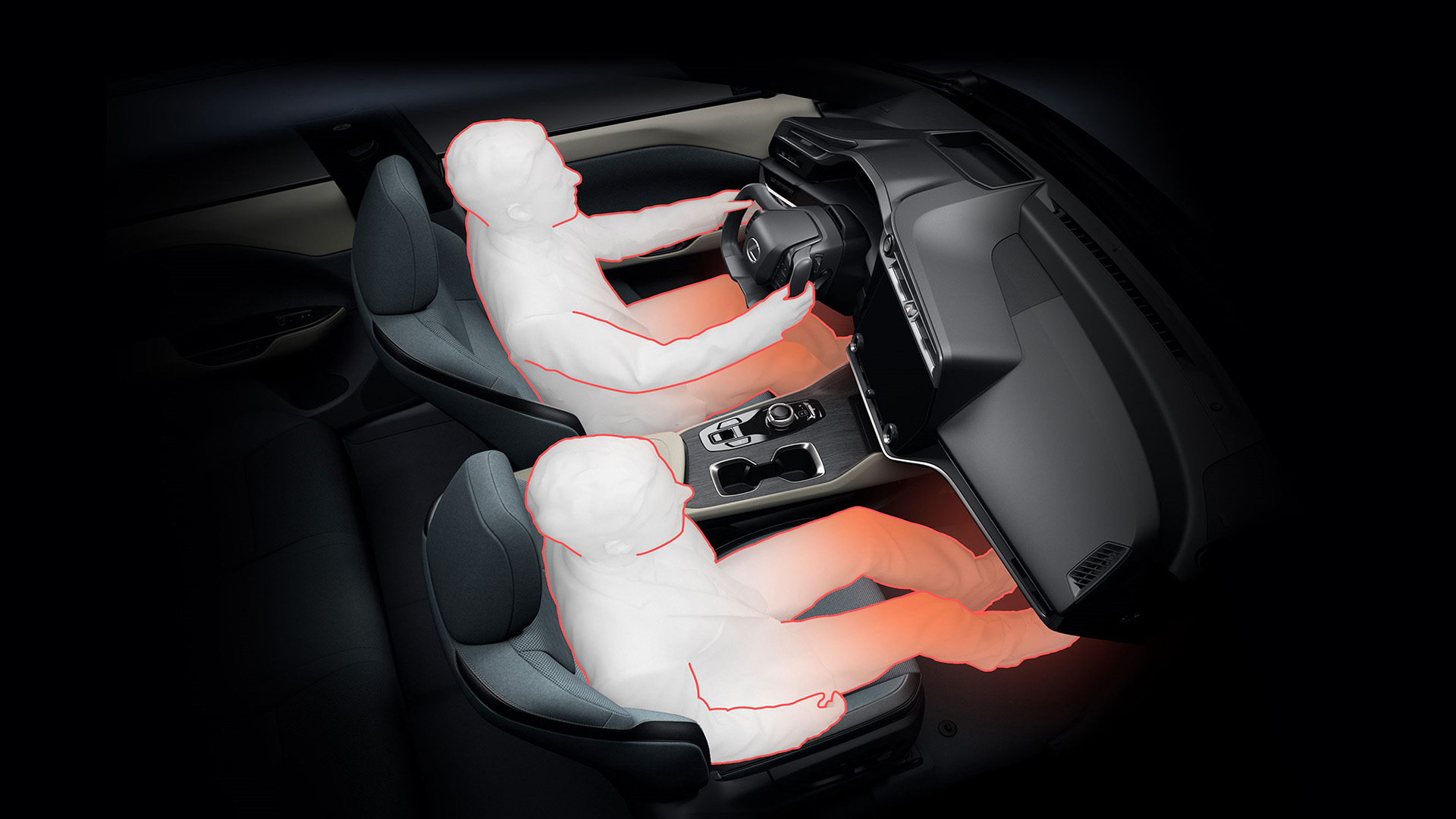 A graphic showing the driver and front passenger of the RZ having warm legs.