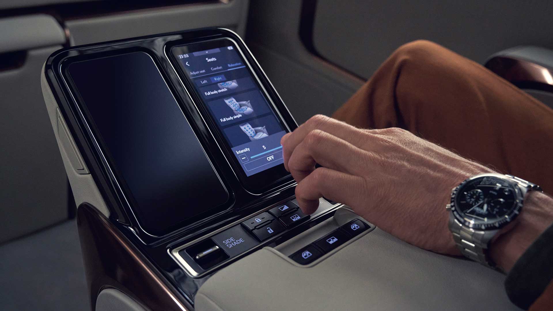 Individual touchpads control the cabin experience for each occupant on the LM 500h Ultra Luxury.