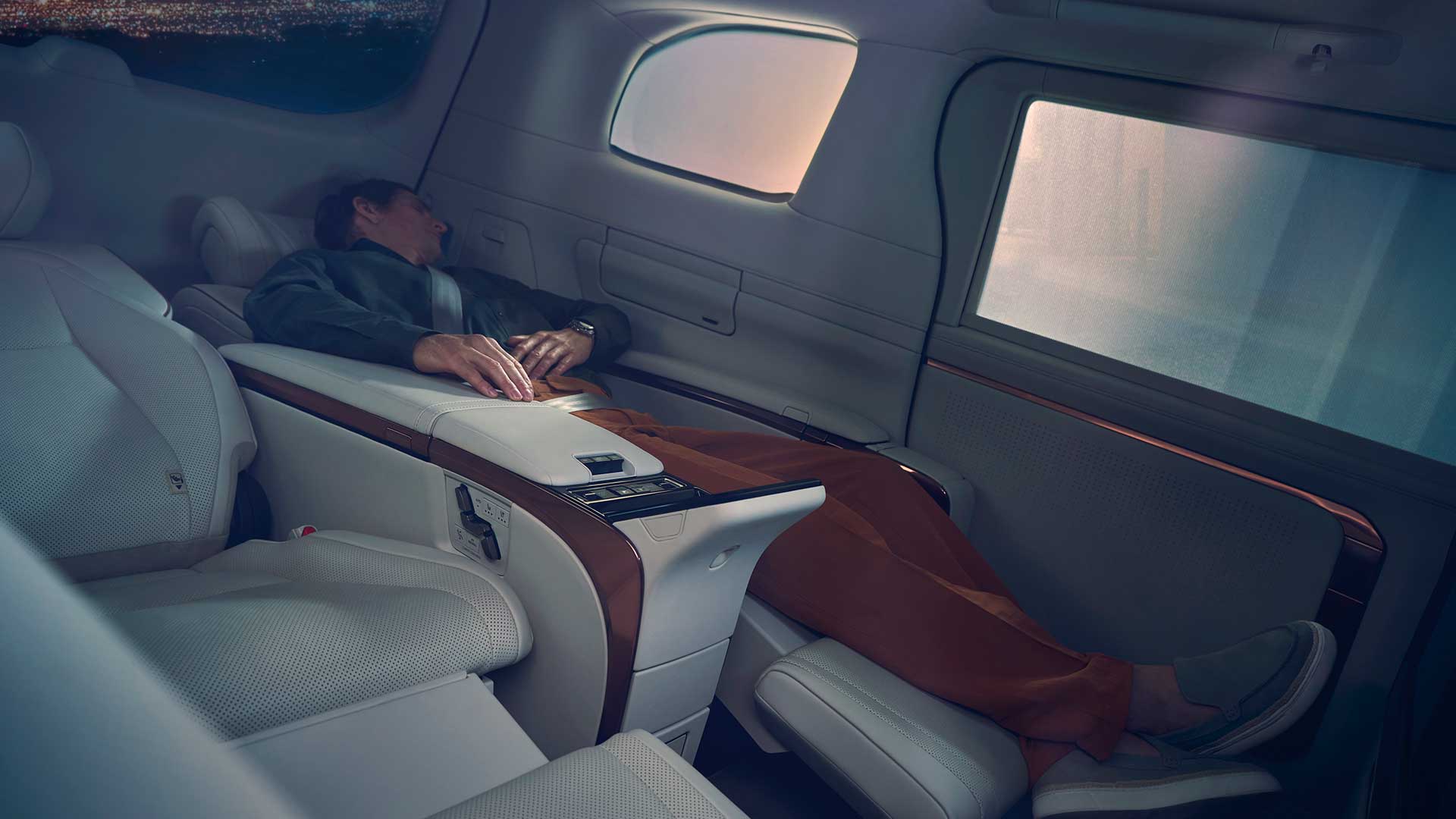 Each rear seat may be reclined to offer a lie-flat experience.