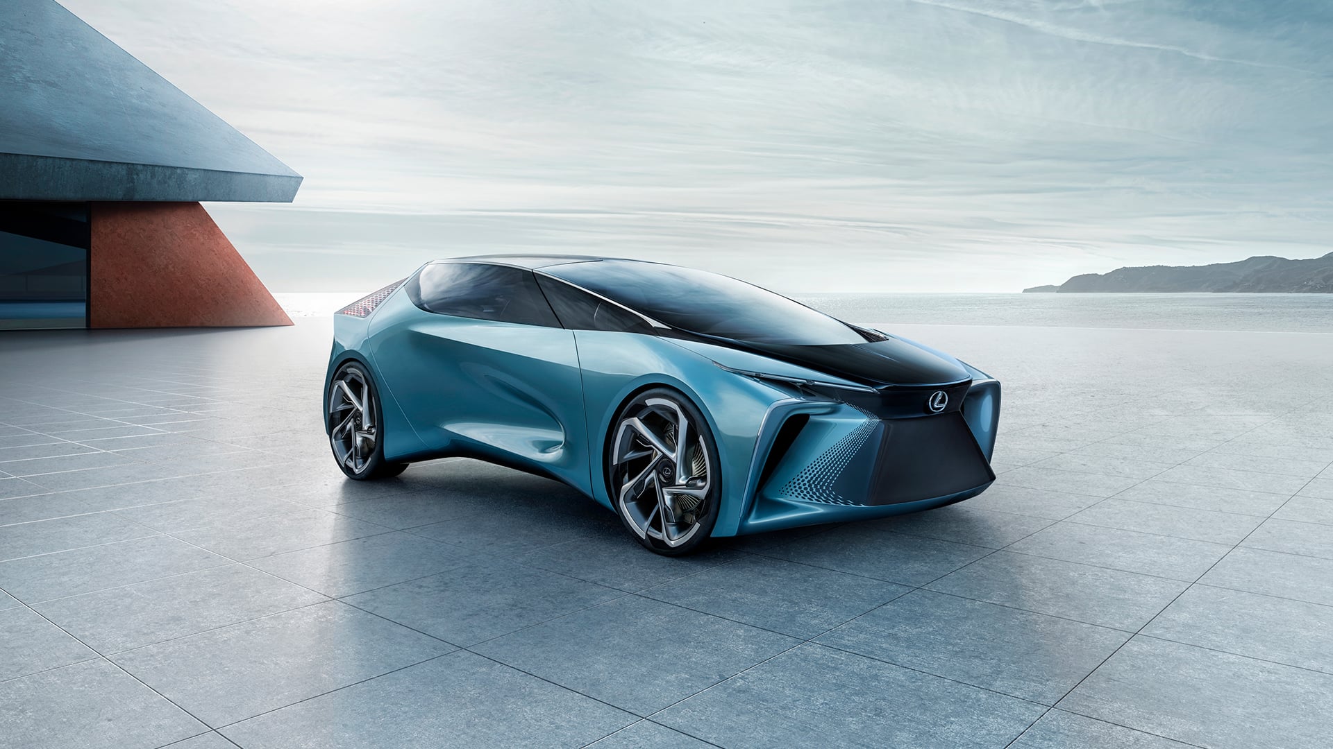Lexus LF-30 Electrified Concept vehicle in blue parked against a blue sky
